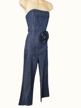 W Jeans Strapless Wide Leg Denim Jumpsuit Women S Rosette Smocked Drop Waist NEW